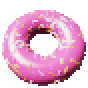 A pink glazed donut with sprinkles, tumbling
